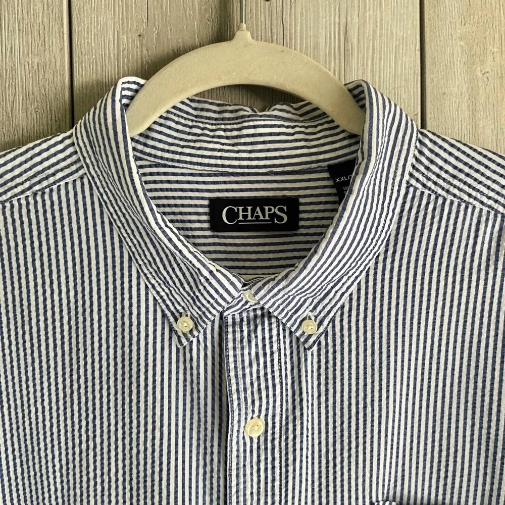 Vintage Seersucker Button Up Shirt Men's XXL Blue White Stripes Classic Preppy